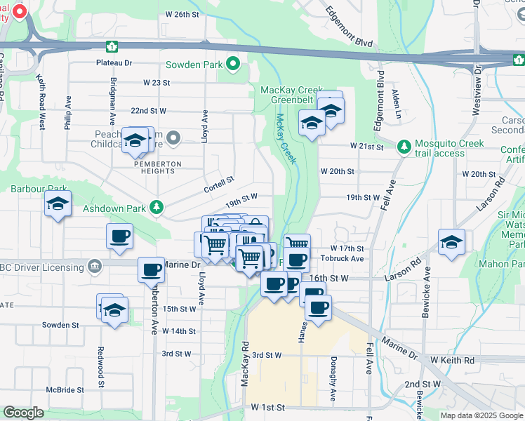 map of restaurants, bars, coffee shops, grocery stores, and more near 1010 Keith Road West in North Vancouver