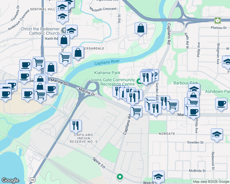 map of restaurants, bars, coffee shops, grocery stores, and more near 200 Klahanie Court in West Vancouver