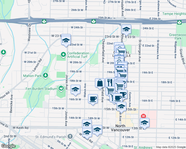 map of restaurants, bars, coffee shops, grocery stores, and more near 235 West 19th Avenue in Vancouver