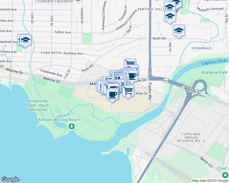 map of restaurants, bars, coffee shops, grocery stores, and more near 545 Main Street in West Vancouver