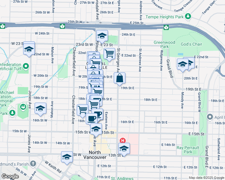 map of restaurants, bars, coffee shops, grocery stores, and more near 155 19th Street East in North Vancouver