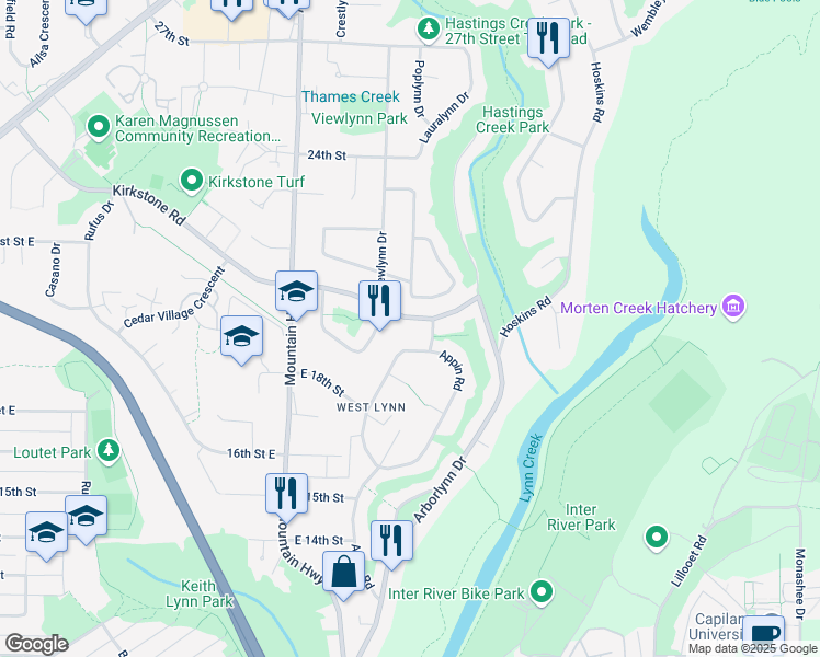 map of restaurants, bars, coffee shops, grocery stores, and more near 1481 East 20th Street in North Vancouver