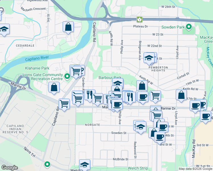 map of restaurants, bars, coffee shops, grocery stores, and more near in North Vancouver