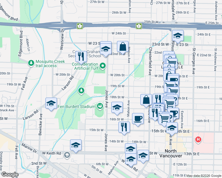 map of restaurants, bars, coffee shops, grocery stores, and more near 361 19th Street West in North Vancouver