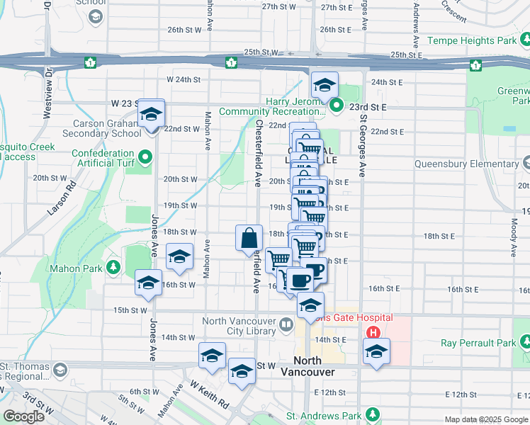 map of restaurants, bars, coffee shops, grocery stores, and more near 161 19th Street West in North Vancouver