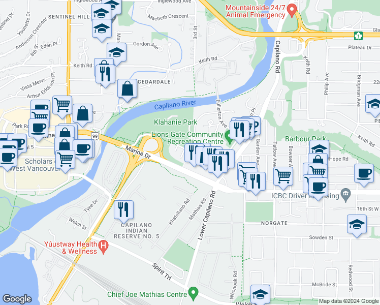 map of restaurants, bars, coffee shops, grocery stores, and more near 200 Klahanie Court in North Vancouver