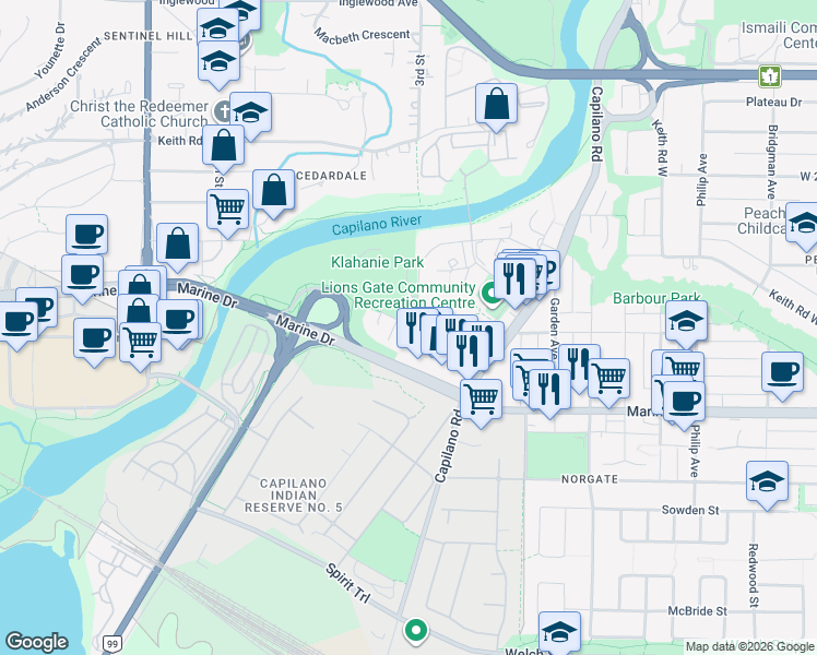 map of restaurants, bars, coffee shops, grocery stores, and more near 200 Klahanie Court in West Vancouver