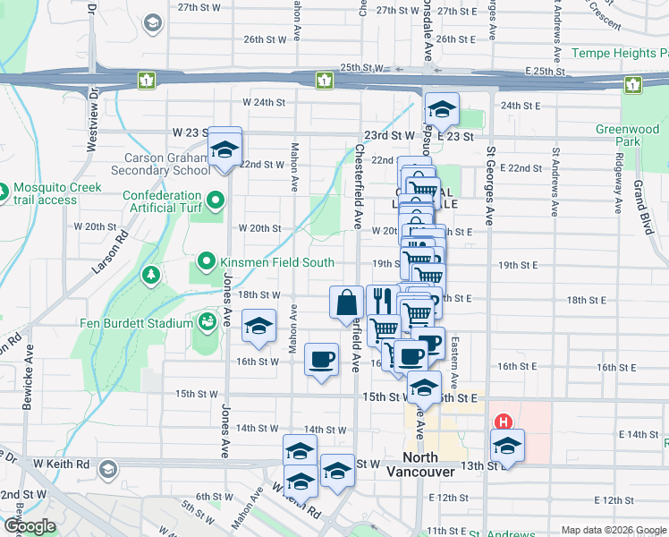 map of restaurants, bars, coffee shops, grocery stores, and more near 223 19th Street West in North Vancouver