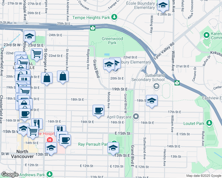 map of restaurants, bars, coffee shops, grocery stores, and more near 506 E 19 St in North Vancouver