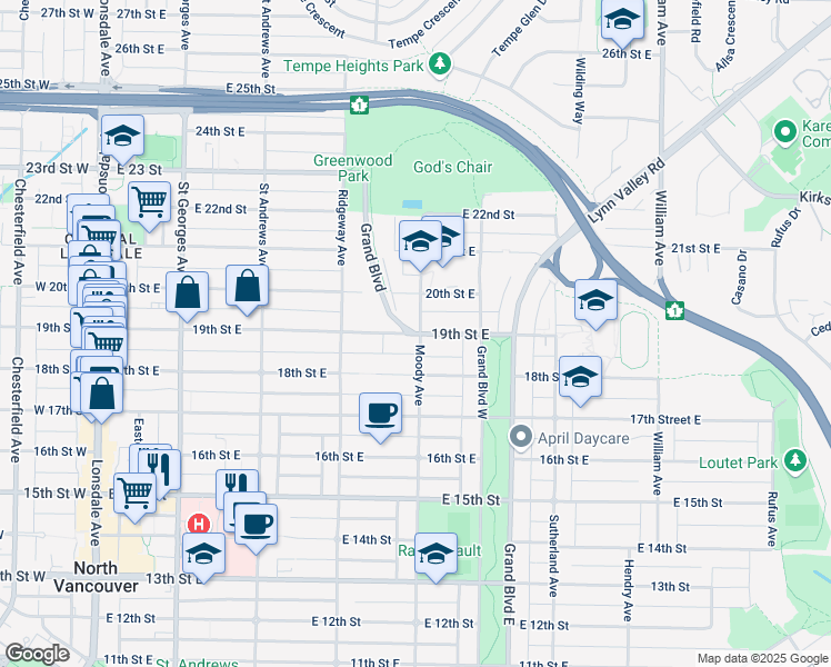 map of restaurants, bars, coffee shops, grocery stores, and more near Grand Blvd & 19th St E in North Vancouver
