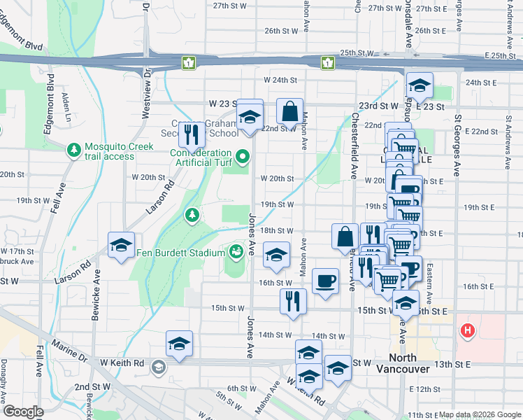 map of restaurants, bars, coffee shops, grocery stores, and more near 361 19th Street West in North Vancouver