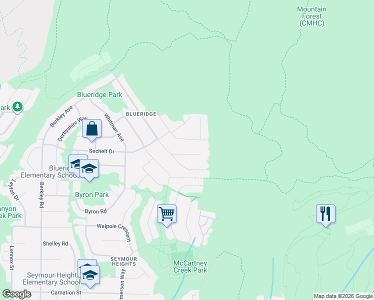 map of restaurants, bars, coffee shops, grocery stores, and more near 2940 Dresden Way in North Vancouver