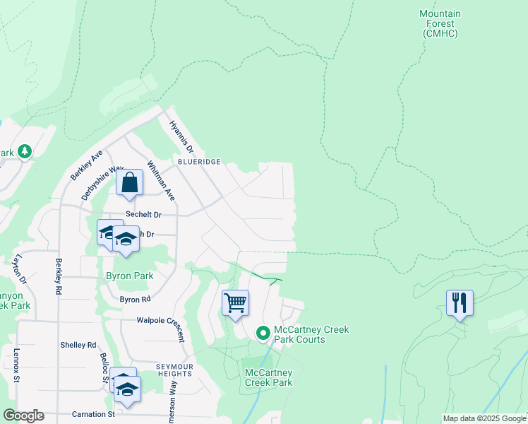map of restaurants, bars, coffee shops, grocery stores, and more near 2940 Dresden Way in North Vancouver