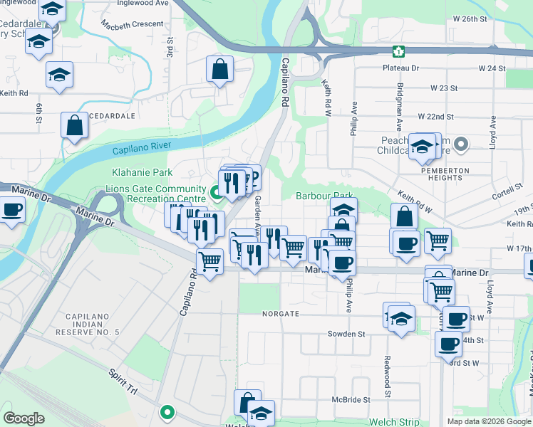 map of restaurants, bars, coffee shops, grocery stores, and more near 1774 Hope Road in North Vancouver