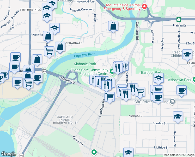 map of restaurants, bars, coffee shops, grocery stores, and more near 2070 Curling Road in North Vancouver