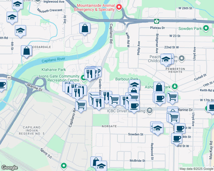 map of restaurants, bars, coffee shops, grocery stores, and more near 1720 Hope Road in North Vancouver