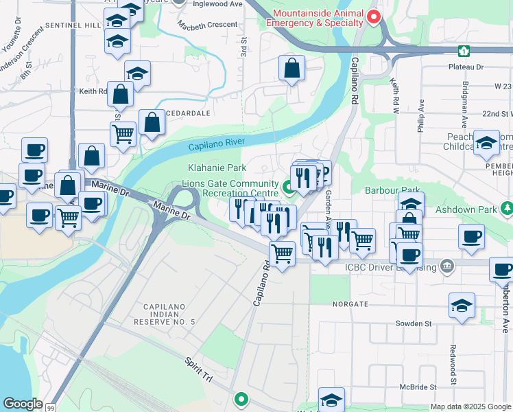 map of restaurants, bars, coffee shops, grocery stores, and more near 2060 Curling Road in North Vancouver