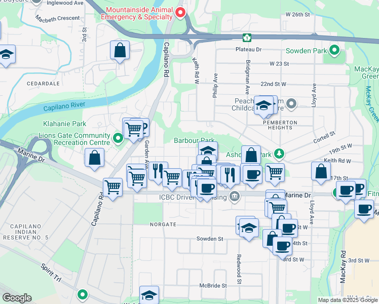 map of restaurants, bars, coffee shops, grocery stores, and more near 1546 Hope Road in North Vancouver