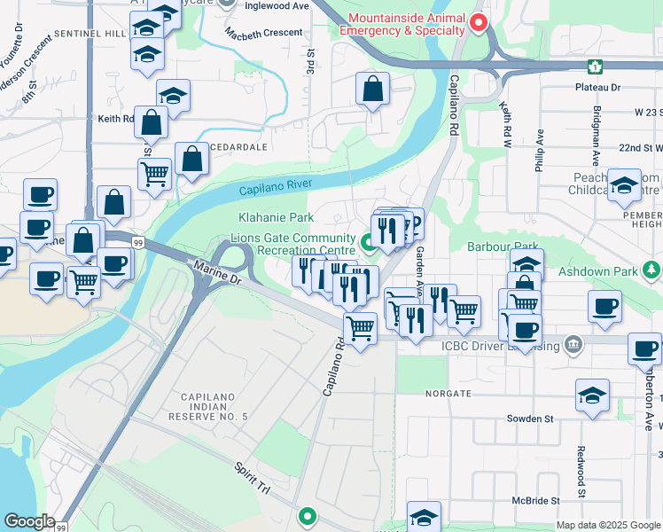map of restaurants, bars, coffee shops, grocery stores, and more near in North Vancouver
