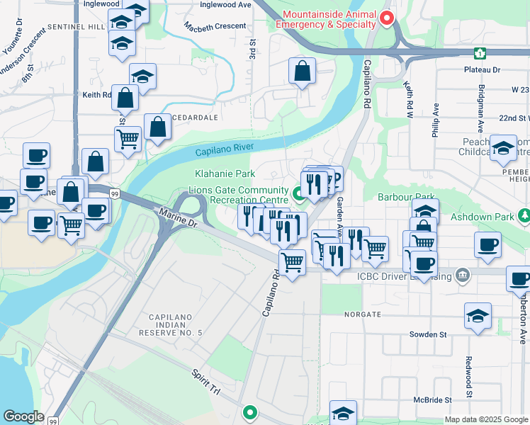 map of restaurants, bars, coffee shops, grocery stores, and more near in North Vancouver