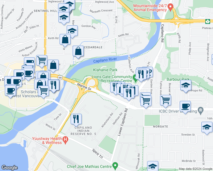 map of restaurants, bars, coffee shops, grocery stores, and more near 380 Klahanie Court in West Vancouver