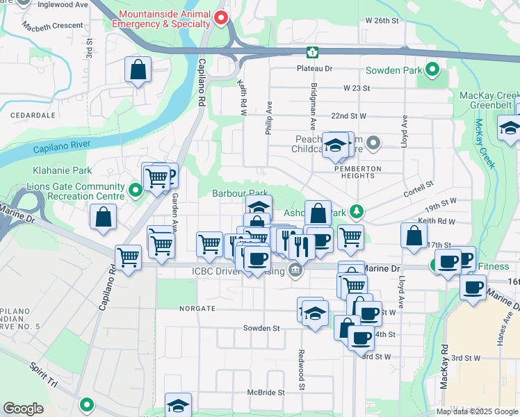 map of restaurants, bars, coffee shops, grocery stores, and more near 1412 Hope Road in North Vancouver