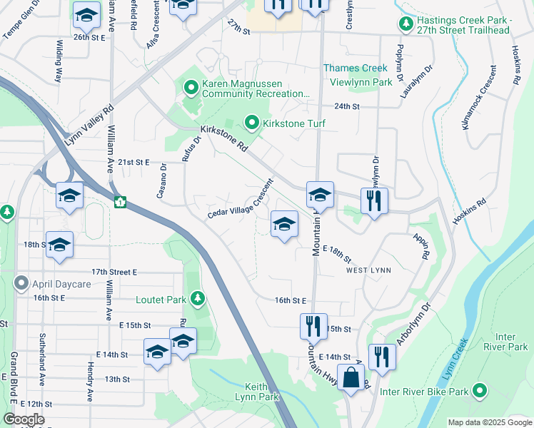 map of restaurants, bars, coffee shops, grocery stores, and more near 1963 Cedar Village Crescent in North Vancouver