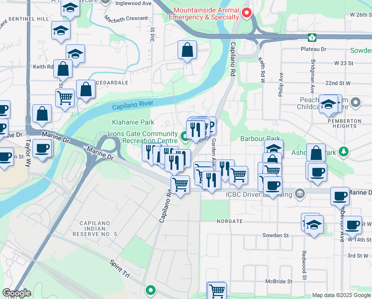 map of restaurants, bars, coffee shops, grocery stores, and more near Lions Gate Lane in Metro Vancouver