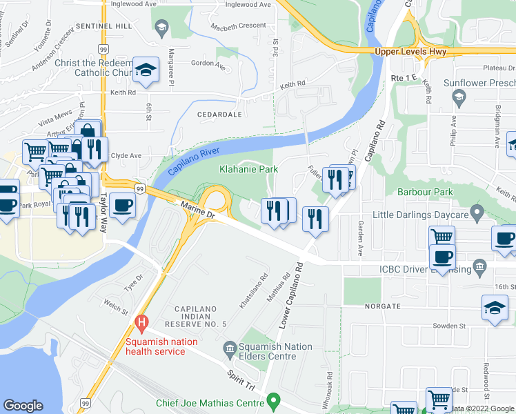 map of restaurants, bars, coffee shops, grocery stores, and more near 380 Klahanie Court in West Vancouver