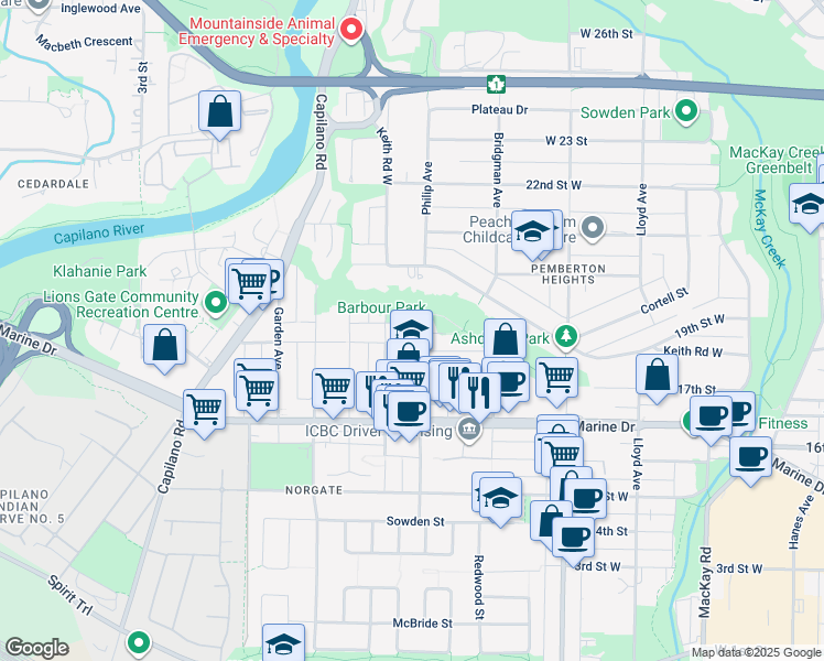 map of restaurants, bars, coffee shops, grocery stores, and more near 1412 Hope Road in North Vancouver