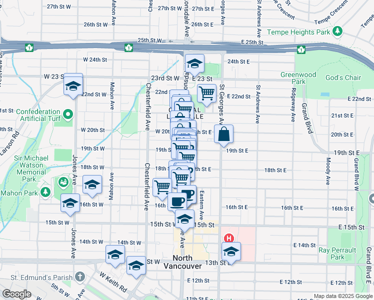 map of restaurants, bars, coffee shops, grocery stores, and more near 1823 Lonsdale Avenue in North Vancouver
