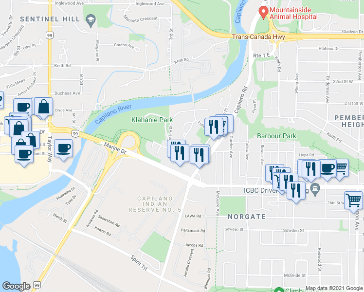 map of restaurants, bars, coffee shops, grocery stores, and more near in North Vancouver