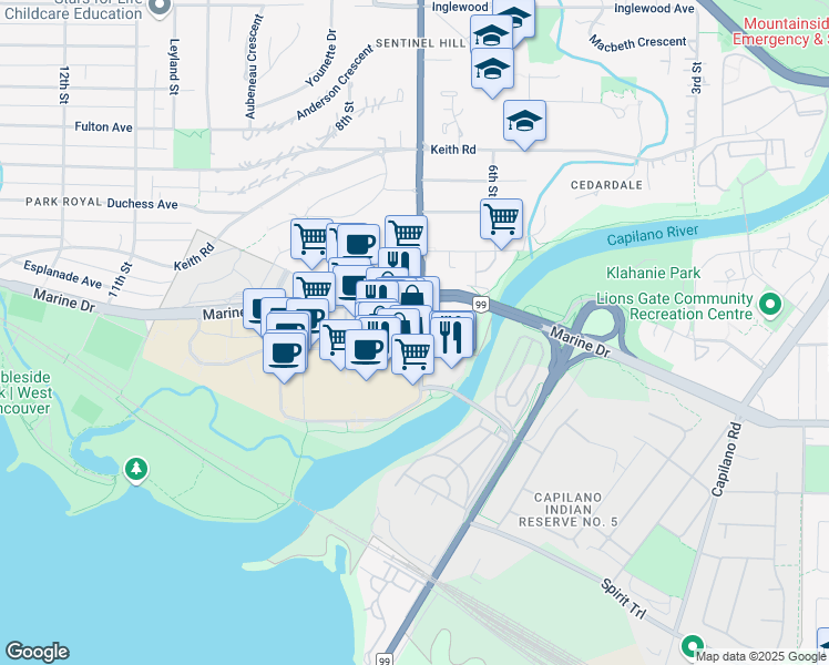 map of restaurants, bars, coffee shops, grocery stores, and more near 494 Park Royal South in West Vancouver