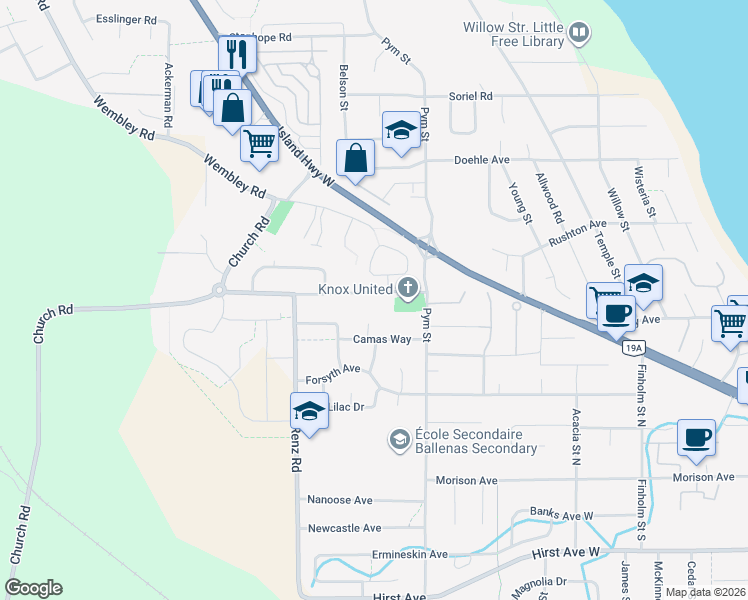 map of restaurants, bars, coffee shops, grocery stores, and more near in Parksville