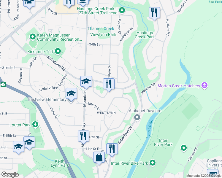 map of restaurants, bars, coffee shops, grocery stores, and more near 1450 Briarlynn Crescent in North Vancouver
