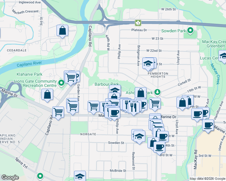 map of restaurants, bars, coffee shops, grocery stores, and more near in North Vancouver