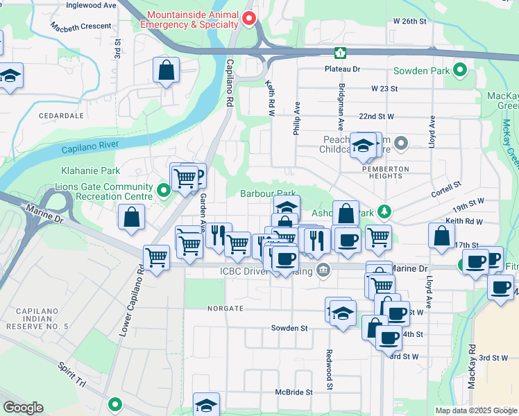 map of restaurants, bars, coffee shops, grocery stores, and more near 1564 Hope Road in North Vancouver