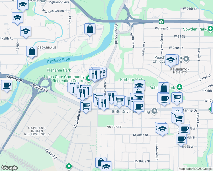 map of restaurants, bars, coffee shops, grocery stores, and more near 1788 Hope Road in North Vancouver