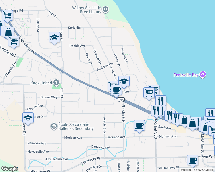 map of restaurants, bars, coffee shops, grocery stores, and more near 340 Young Street in Parksville