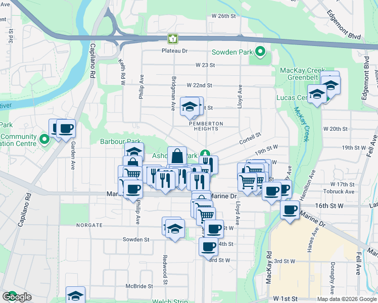 map of restaurants, bars, coffee shops, grocery stores, and more near 1259 Keith Road in North Vancouver