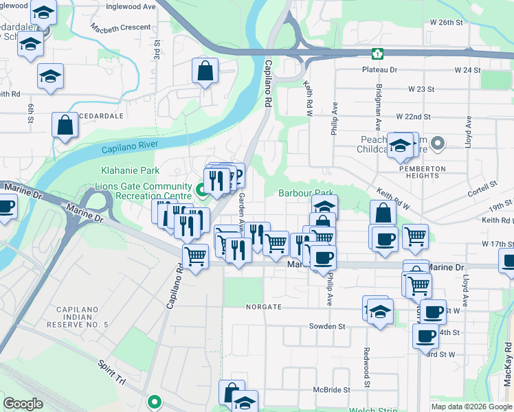 map of restaurants, bars, coffee shops, grocery stores, and more near 1774 Hope Road in North Vancouver