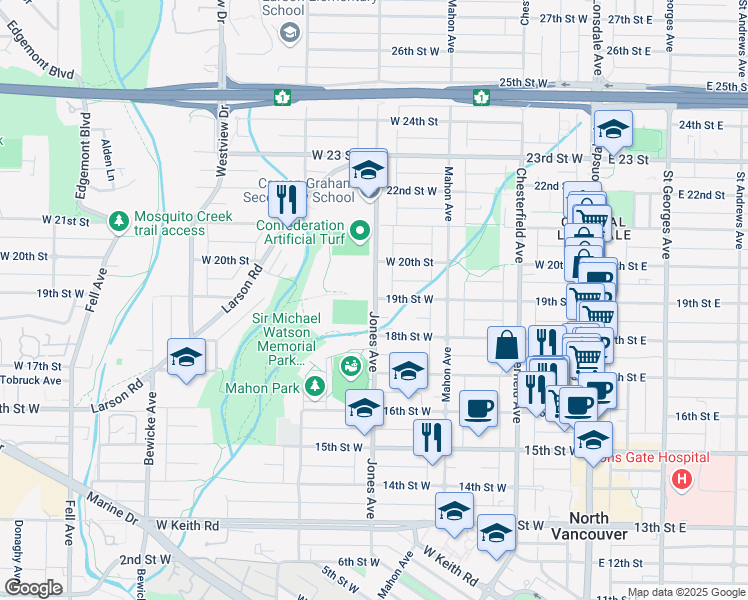 map of restaurants, bars, coffee shops, grocery stores, and more near in North Vancouver
