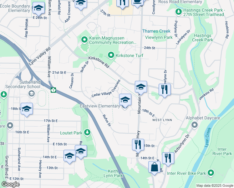 map of restaurants, bars, coffee shops, grocery stores, and more near 1999 Cedar Village Crescent in North Vancouver