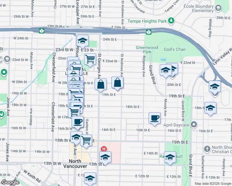 map of restaurants, bars, coffee shops, grocery stores, and more near 1846 Saint Andrews Avenue in North Vancouver
