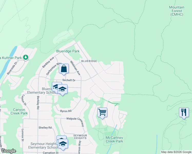 map of restaurants, bars, coffee shops, grocery stores, and more near 2829 Sechelt Drive in North Vancouver
