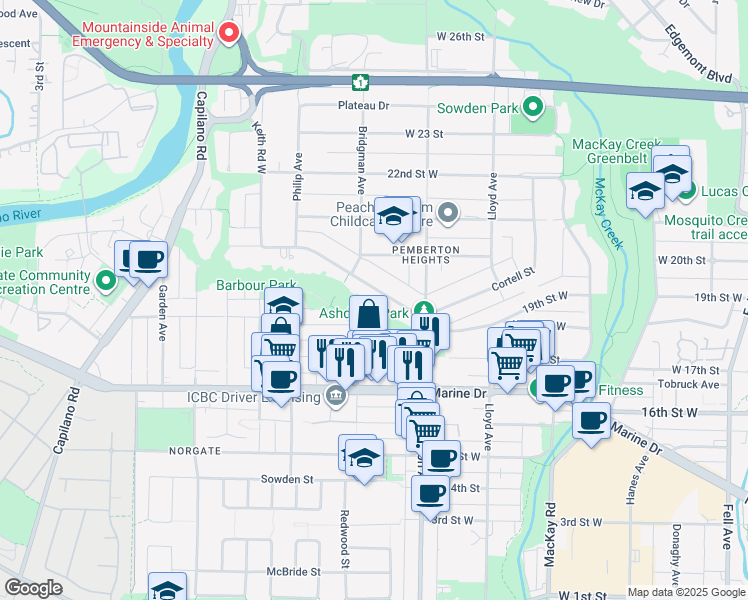 map of restaurants, bars, coffee shops, grocery stores, and more near 1275 Keith Road in North Vancouver