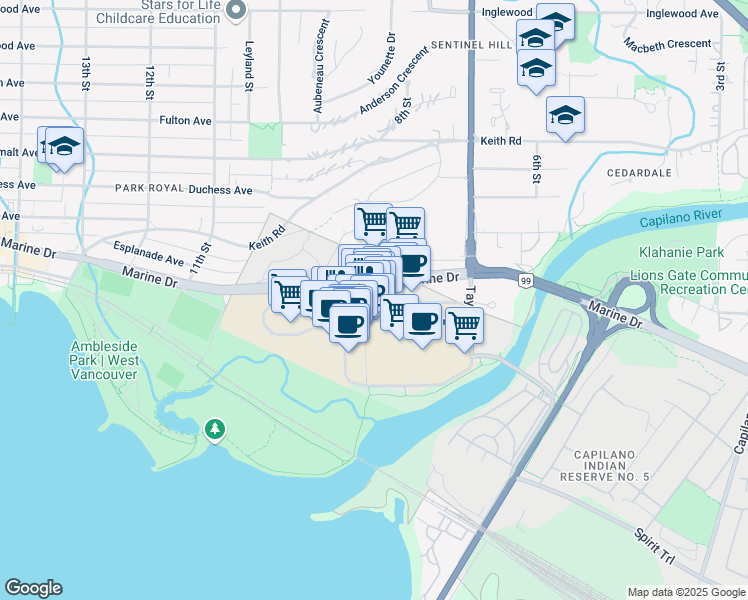 map of restaurants, bars, coffee shops, grocery stores, and more near 545 Main Street in Vancouver
