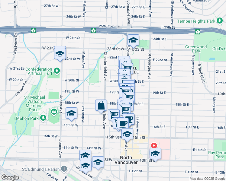map of restaurants, bars, coffee shops, grocery stores, and more near 243 East 19th Avenue in Vancouver