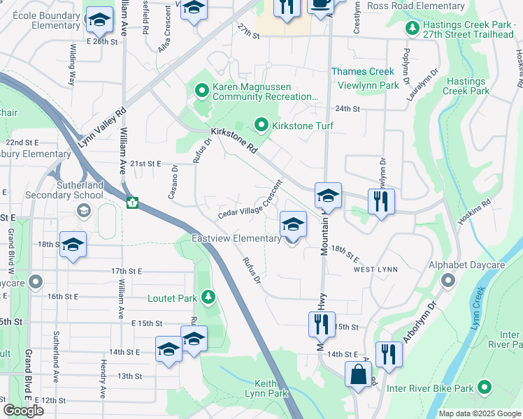 map of restaurants, bars, coffee shops, grocery stores, and more near 1930 Cedar Village Crescent in North Vancouver