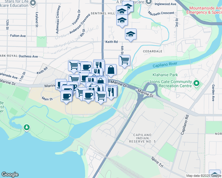 map of restaurants, bars, coffee shops, grocery stores, and more near 338 Taylor Way in West Vancouver